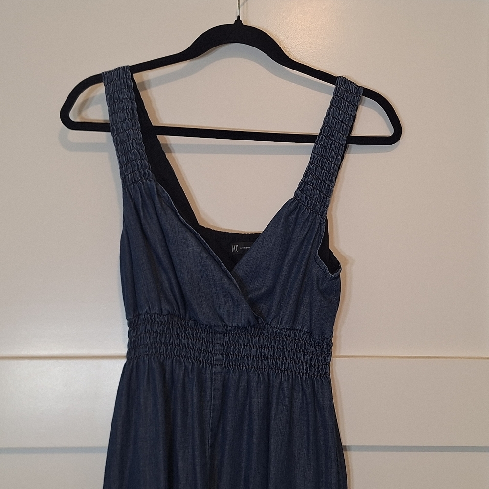 INC International Concepts Soft Chambray Denim Mini Dress Smocked Waist Size 4 - Picture 3 of 16